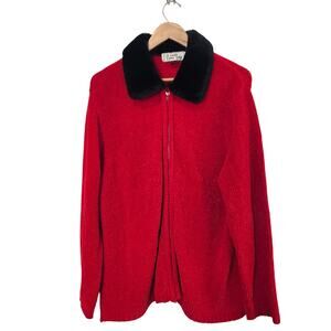 Vintage Y2K Faux Fur Sweater Womens 1X Red Soft Indie Glam Friends Zip Up Granny